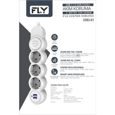 3Lü 2Mt 2.1A Anahtarlı 2Usb Şarj Çıkışlı Akım Korumalı 2500W 868143819