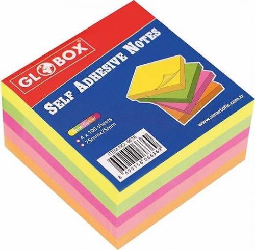 GLOBOX YAPIŞKANLI NOT KAĞIDI 75x75 mm.NEON RENK 400 yp.