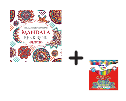 Mandala Renk Renk Desenler  ve Pensan Kidz 24'lü Kuru Boya Kalem Seti (Kampanyalı Ürün)
