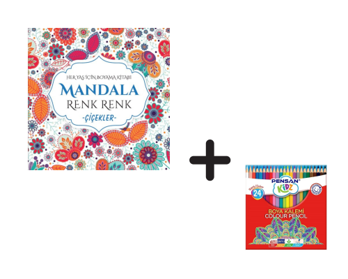 Mandala Renk Renk Çiçekler ve Pensan Kidz 24'lü Kuru Boya Kalem Seti (Kampanyalı Ürün)